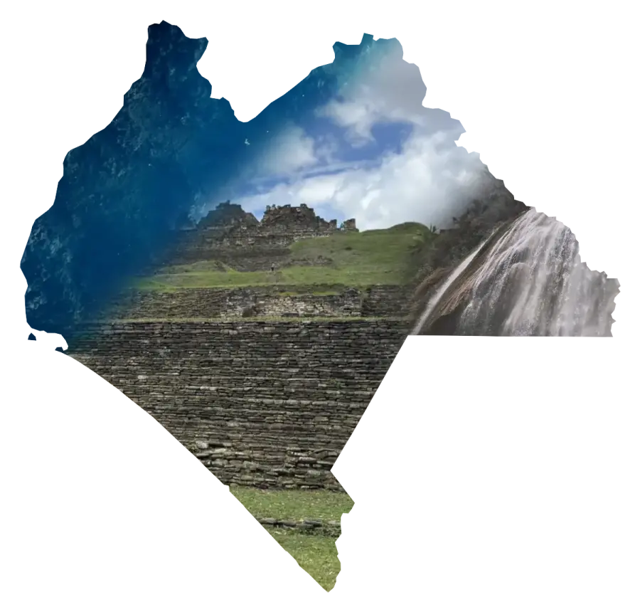 Silueta del estado de Chiapas formada con tres de mis fotos: las terrazas de la Zona Arqueológica de Toniná, la cascada de Las 3 Tzimoleras, conmigo nadando en la poza, y el agua turquesa del Cenote Chucumaltik